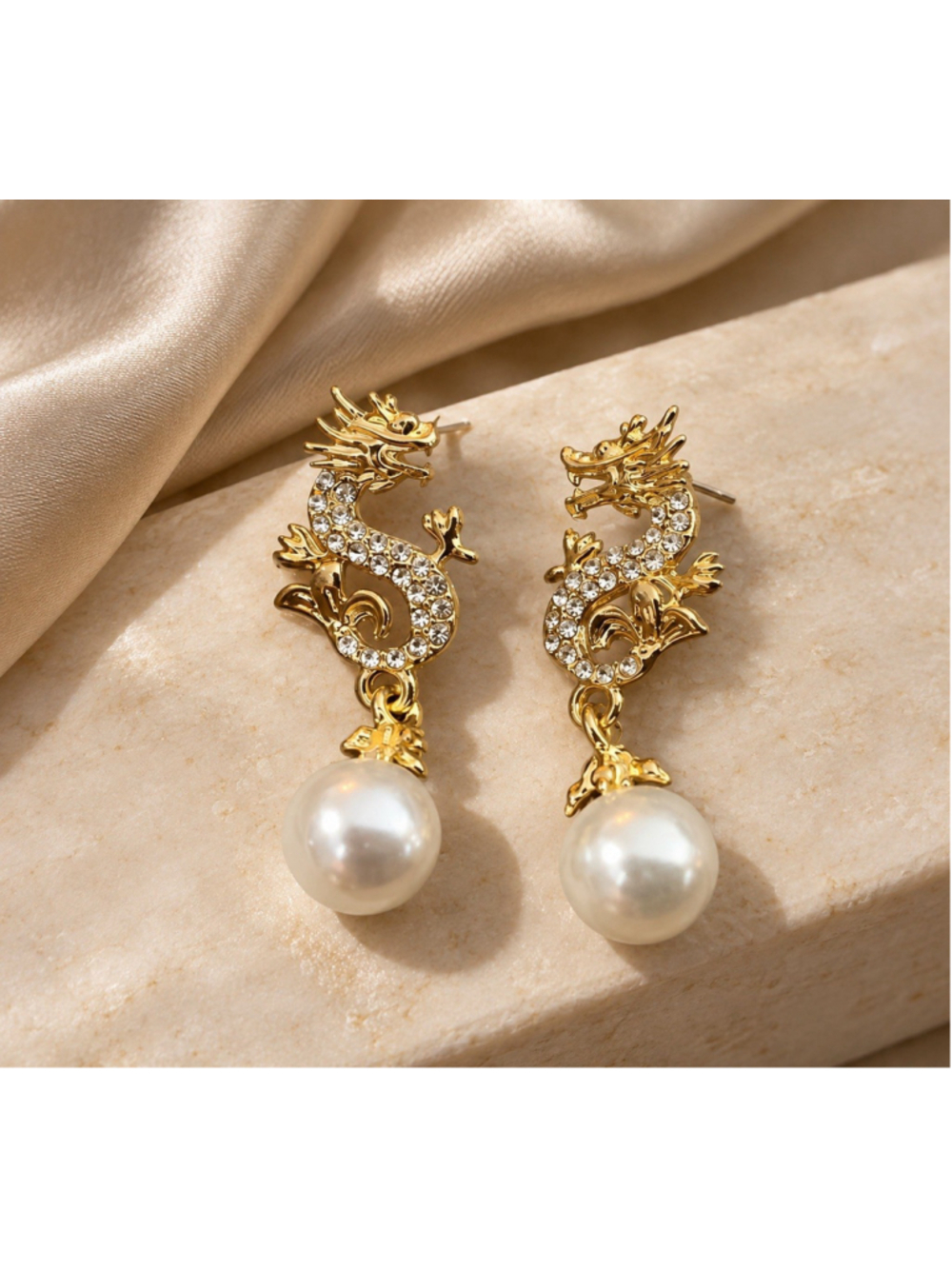 Anthro Gold Dragon Crystal Pearl Statement Earrings Chinese Asian Stud VTG Boho